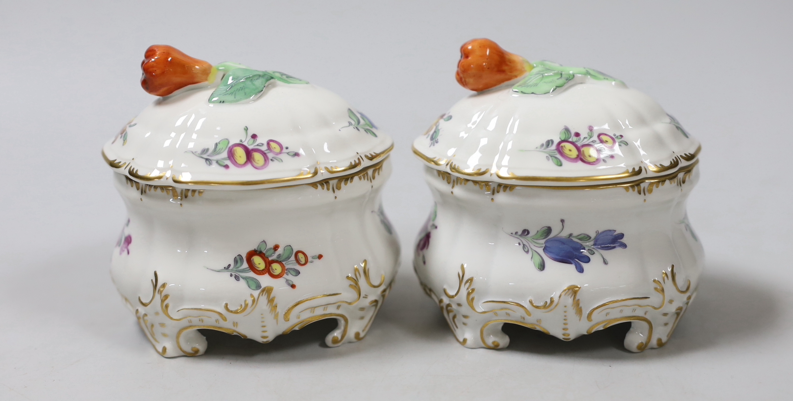 Two Nymphenburg salts pots and covers, 9cm tall